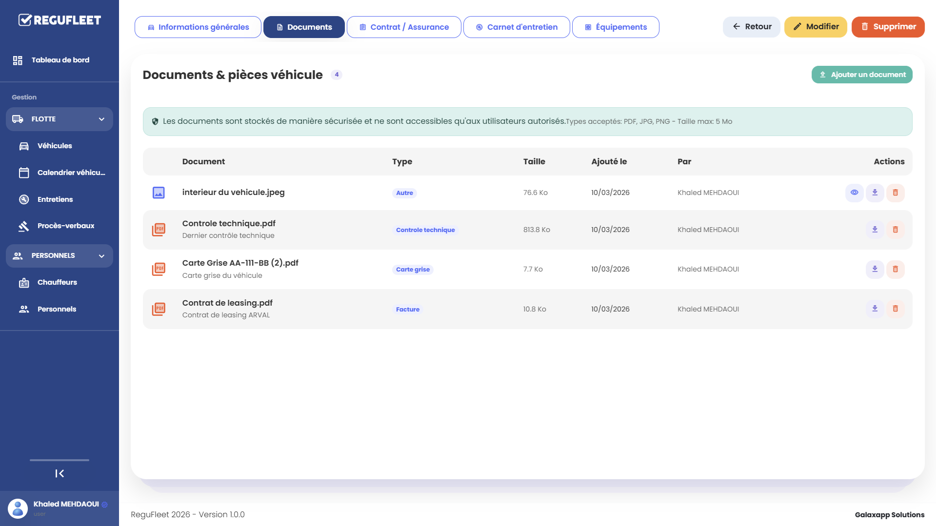 Capture d'écran ReguFleet avec les documents centralisés des actifs opérationnels.